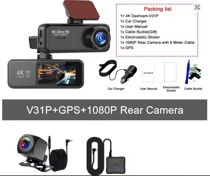 Dashcam V31P 4K Ultra HD dengan GPS dan Kamera Belakang 1080P Night Vision 24H Parking set rekorder mobil