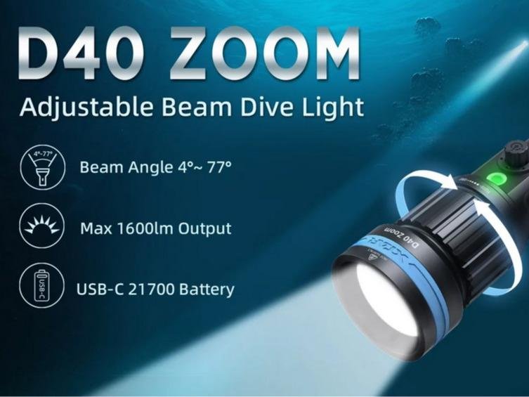 XTAR D40 ZOOM Diving Flashlight Adjustable Beam Dive Light Focus 1600LM Rechargeable USB-C Rechargeable Compact