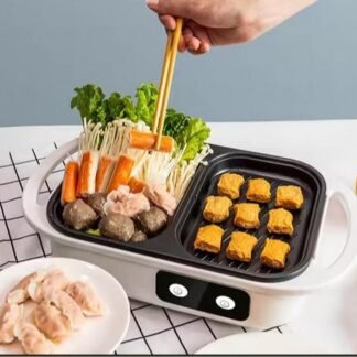 Panci Listrik Premium 2in1 Shabu Pot Hotpot BBQ Grill Stainless Steel Anti Lengket Die Cast Dual Control Low Watt Knop Lebih Praktis
