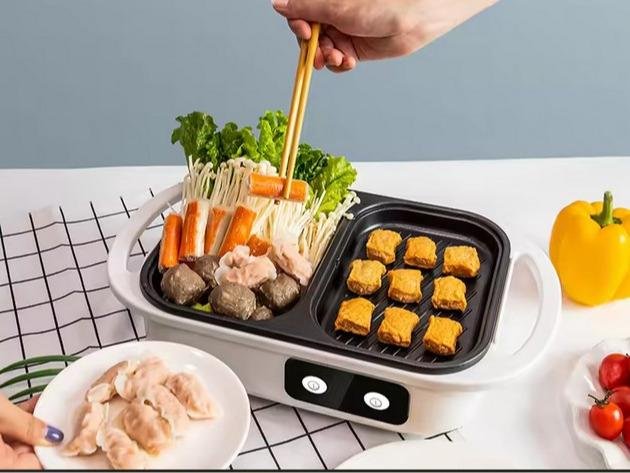 Panci Listrik Premium 2in1 Shabu Pot Hotpot BBQ Grill Stainless Steel Anti Lengket Die Cast Dual Control Low Watt Knop Lebih Praktis