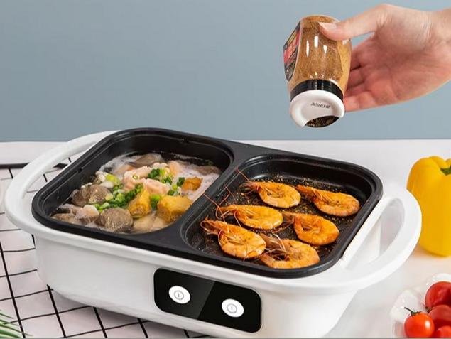 Panci Listrik Premium 2in1 Shabu Pot Hotpot BBQ Grill Stainless Steel Anti Lengket Die Cast Dual Control Low Watt Knop Lebih Praktis - Image 2
