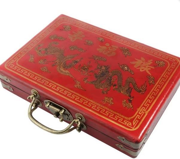 Mahjong Portable Wooden Box Set Meja Game Indoor Antik Kulit Imitasi 39x30x6cm - Image 5