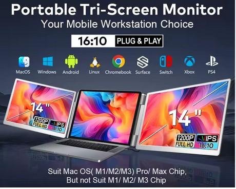 Portable Monitor Triple Screen Dual monitor 1 Cable Port C Windows Mac OS M1 Pro M2 Pro M3 Pro M1 Max M2 Max M3 Max NOT FOR Mac M1 M2 M3