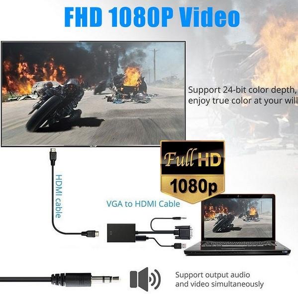 Kabel Adapter Converter VGA Male ke HDMI 1080P dengan Audio
